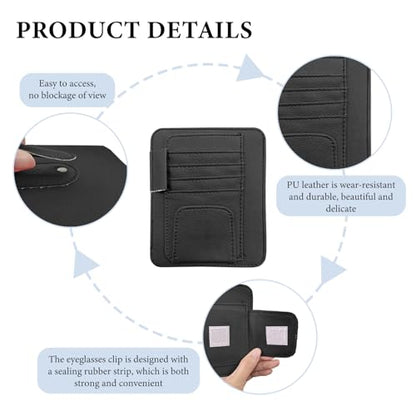 Small Leather Car Sun Visor Organizer, Auto Visor Pouch Card Sleeve Pocket with Sunglasses Clip, Multifunctional Sunvisor Wallet Holder for Driving License Pen Tickets (Black)