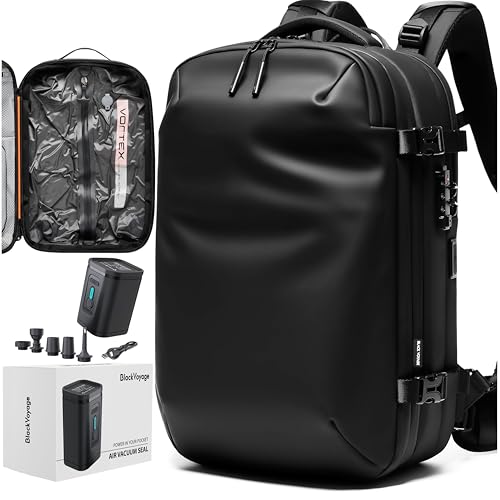 Black Voyage Vortex Vacuum Seal Travel Backpack 60L Expandable Air Compression System Water Resistant TSA Lock Carry-On Suitcase Luggage Black Zephyr Essential Series - Vacuum Pump Included