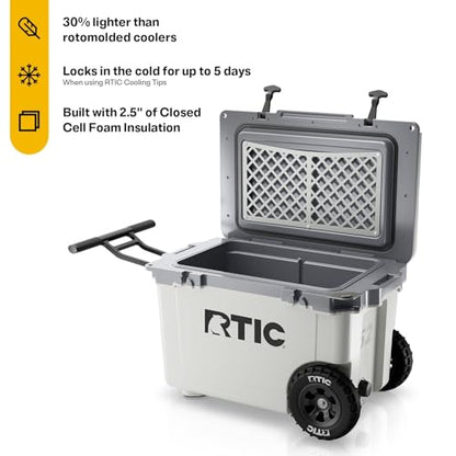 RTIC 52 Quart Ultra-Light Wheeled Hard Cooler Insulated Portable Ice Chest Box for Beach, Drink, Beverage, Camping, Picnic, Fishing, Boat, Barbecue, 30% Lighter Than Rotomolded Coolers - color: White & Grey