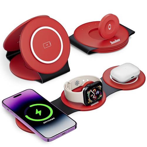 Hicober 3 in 1 Wireless Charging Station for Apple Watch and iPhone Air 17 16 15 14 13 12 Pro Max/Plus, Magnetic Foldable Wireless Travel Charger Station Stand for Airpods iWatch All Series Dark Red - color: Dark Red