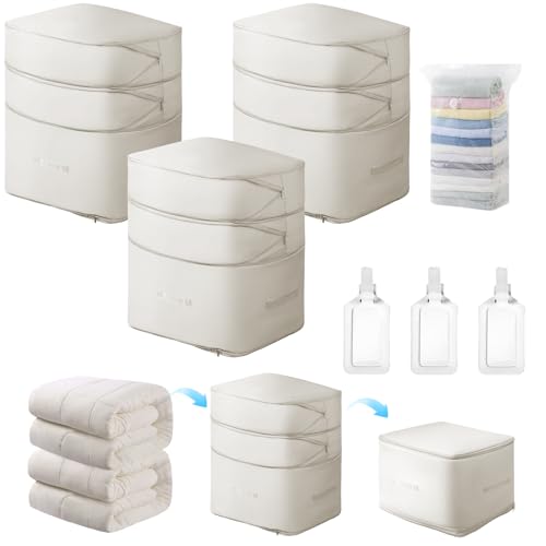 Comforter Storage Bag-Ultra Space Saving Large Self Compression Organizer for Comforters and Blanket,3-Layer Zipper Self-Compressing Organizer for Storage Bedding. (Beige, 3 Pack) - color: Beige, size: 3 Pack