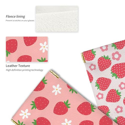 Glasses Case Soft, Eyeglass Cases for Women Portable Squeeze Top PU Leather 2 Pack Glasses Pouch with Cleaning Cloth - color: 2pcs Strawberry Flower