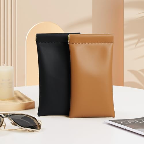 Squeeze Top Sunglass Case, New Organosilicon Soft PU Leather Eyeglass Glass Case Travel Large Sunglasses Pouch - color: Brown+black