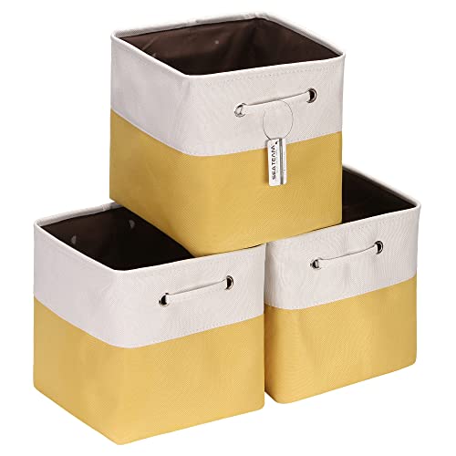 Sea Team 3-Pack Cubic Storage Basket Set, Storage Cube Organizer, Clothes Toys Bin, 11 x 11 x 11 Inches, Big Square Canvas Fabric Collapsible Shelf Box with Handles for Kids Room (Yellow/White) - color: Yellow/White, size: Small/11 x 11 x 11"