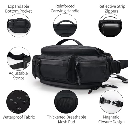 reeyee tactical fanny pack Fanny Pack for Men Women,Water-Resistant Sling Bag,Reflective Zipper, Utility Cycling Waist Pack, 6.5L Expandable Motorcycle Hip Bag Belt Outdoor Hiking Fishing Bumbag