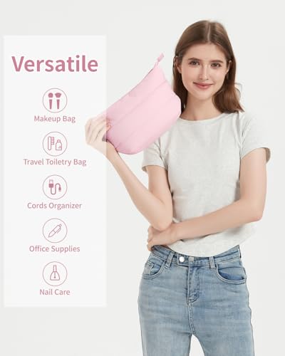 Narwey Travel Makeup Bag for Women Girl, Puffer Makeup Up Organizer Bag Cosmetic Bag, Puffy Cute Makeup Pouch Purse, Travel Toiletry Bag (Pink) - color: Pink