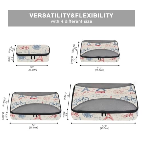 Vintage French Pattern Compression Packing Cubes for Travel Luggage Suitcase Packing Organizers Bags Carry On Lightweight 4 Set