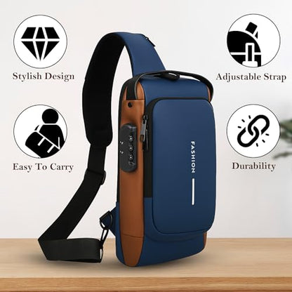 Unisex Anti-Theft Sling Bag with USB Port, Water-Resistant Crossbody Chest Backpack for Travel & Work - color: Blue & Golden