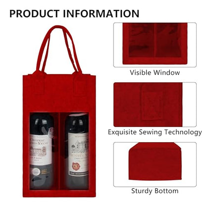 Felt 2-Compartment Wine Bottle Carrier Bag with Handle, Reusable Travel Wine Carry Bag (Red)