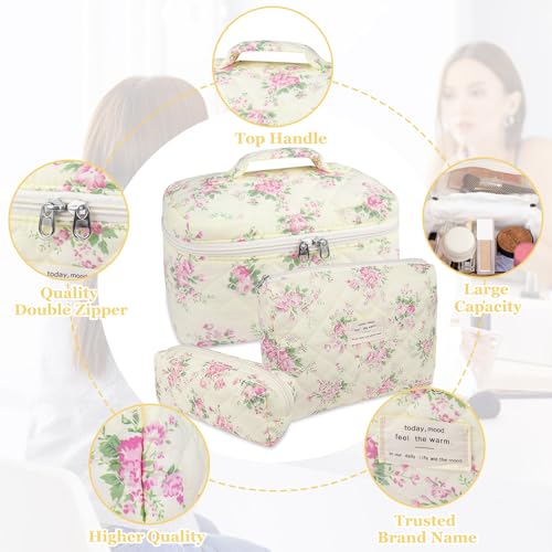 Gosect Makeup Bag Set, Quilted Makeup Bag, Large Floral Cosmetic Bag for Women, Cute Cotton Makeup Bags, Flower Travel Toiletry Organizer Bag (Pink Floer) - color: FSHK