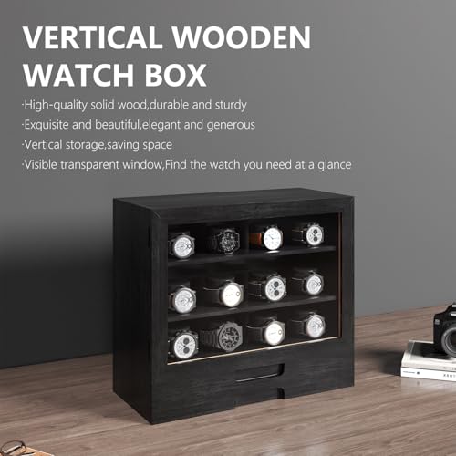 AUTOARK Wooden Watch Sunglass Display Case,12 Watch Box with Jewelry Drawer,Watch Eyeglass Holder with Window,Vertical Storage,Gift Idea,Black,AW-184 - color: Black
