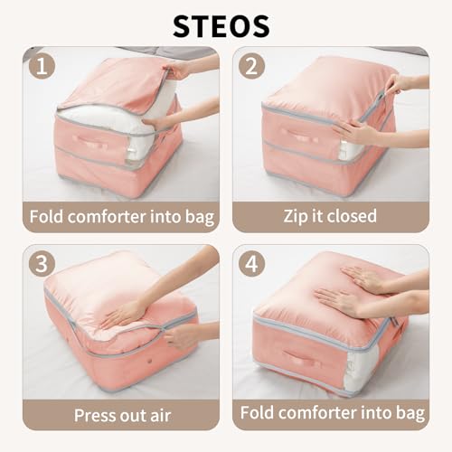DIMJ Comforter Storage Bag 4 Pack - Blanket Storage Organizer Compression Bags, Large Capacity Ultra Space Saving Self Compression Organize for Bedding, Pillow, Duvet, Sheet Storage with Zipper Window - color: Pink, size: 66L x 4 Pack