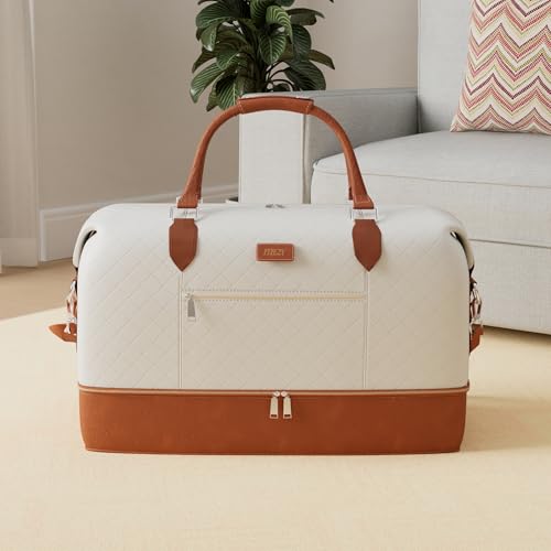 ITIEZY Weekender Overnight Bag for Women - Large Travel Duffel Bag with Shoe Compartment, Gym Duffel Bag Hospital Bag Carry On Tote Bags for Airplanes with Crossbody Bag Toiletry Bag 3Pcs Set - color: 1-Beige