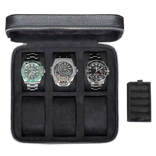 Real Genuine Leather Watch Travel Case 6 Watches Box, Suitable for all Watches and Smartwatches under 60mm Storage Organizer for Man and Women (6W-Z-BBL) - color: 6W-Z-BBL
