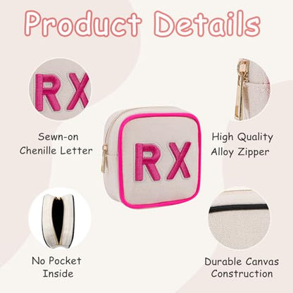RSRSLEII 2Pcs Small Canvas Rx MEDS Medicine Packages, Cute Chenille Letter Patch Drug Makeup Bag with Metal Zipper, Mini Travel First Aid Purse Organizer Machine Washable (06 2pcs Hot Pink) - color: 06 2pcs Hot Pink