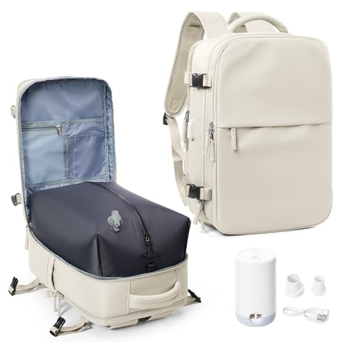 suwasp Vacuum Compression Backpack, 45L Expandable Travel Backpack with Electric Vacpack Pump, Travel Vacuum Bags with Shoe Compartment/17inch Laptop Compartment/USB Port, Beige, Large - color: Beige, size: Large