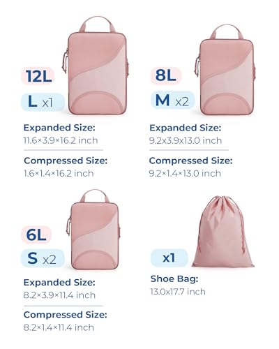 BAGSMART Compression Packing Cubes - 6 Set Travel Packing Cubes for Suitcases, Compression Suitcase Organizers with Shoe Bag - color: 01-Baby Pink