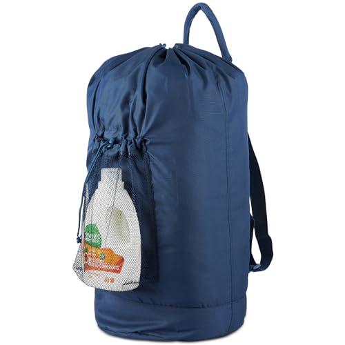 Seiritex Laundry Bag Backpack with Detergent Holder and Adjustable Shoulder Straps, Clothes Laundry Backpack for College, Travel, Apartment, Laundromat, Dorm Room (Blue) - color: Blue