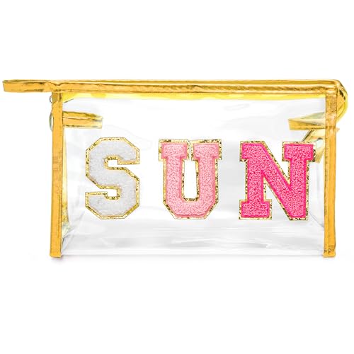 Y1tvei Clear SUN Makeup Bag - Preppy Rose Red SUN Chenille Varsity Letter Cosmetic Bag PVC Transparent Zipper Waterproof Beach Makeup Carry Pouch Portable Travel Toiletry Organizer for Women(Gold) - color: Rose red SUN Gold