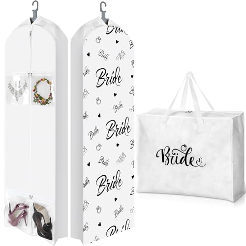 2 Pcs 70" Wedding Dress Garment Bag and 8" Gusseted Tote Bag Set for Wedding Garment Storage and Travel Prom - color: White, size: 70" X 8"