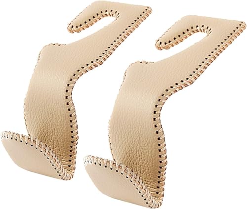 AMVOYOA Headrest Hooks for Purses and Bags, Car Back Seat Headrest Hanger Vehicle Beige Leather Storage Hook, Pack of 2 - color: Beige, size: 2 Pack
