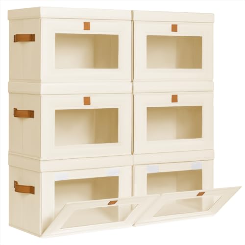 Homsorout Medium Fabric Storage bins - Collapsible Storage Bins with Open Window, 6 Pack Closet Baskets for Shelves, Stackable Decorative Boxes for Home, Dorm, Beige, 13.7"x 9.8" x 9.8" - color: Beige, size: Medium - 6 Pack