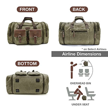 Wildroad 50L Travel Duffel Bag, Expandable Canvas Genuine Leather Duffle Bag Upgraded Overnight Weekender Carry on Bag - color: Army Green, size: Large-50L Duffle Bag
