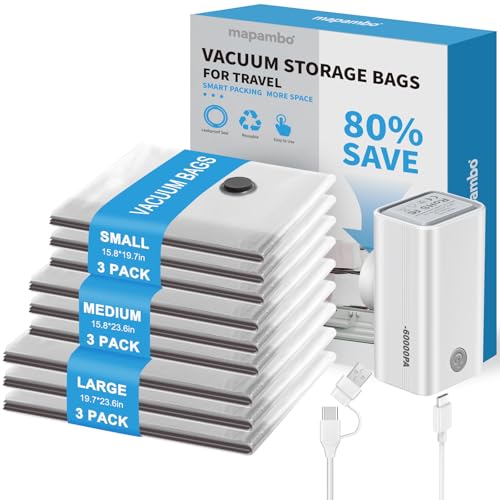 9 Pack Vacuum Seal Bags for Clothing Travel with -60000Pa USB Pump, Save 80% of Space for Clothes (9 Combo Size) - size: 9 Combo Size