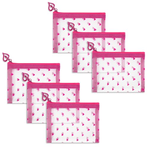 6 Pack Mini Zipper Mesh Makeup Bags, Heart Print Nylon Cosmetic Bags Toiletry Bags for Office Travel Organization (Hot Pink, XS) - color: Hot Pink, size: XS