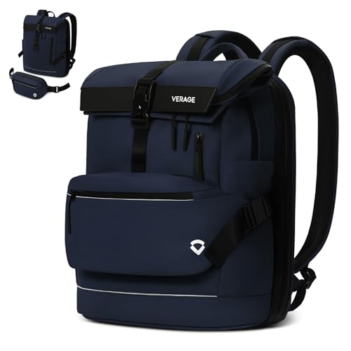 Verage Pulse 2-in-1 Roll Top Laptop Backpack 16″ with Detachable Everyday Sling Bag, Personal Item Size, Expandable Water-Resistant Travel Backpack for Airplane, Work & Daily Commute – Navy - color: Blue