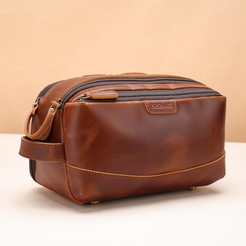 Polare Full Grain Leather Toiletry Bag for Men Large Travel Cosmetic Case Dopp Kit Shaving Kit Wash Pouch with YKK Zippers (Brown) - color: Brown