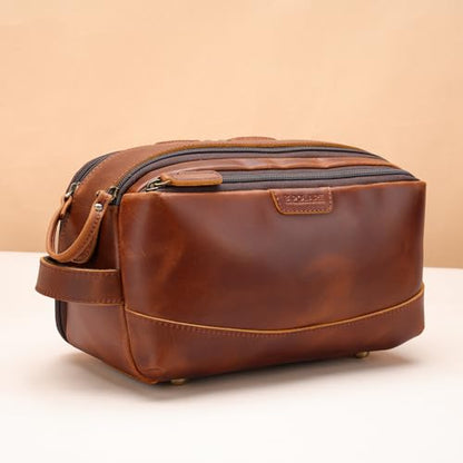 Polare Full Grain Leather Toiletry Bag for Men Large Travel Cosmetic Case Dopp Kit Shaving Kit Wash Pouch with YKK Zippers (Brown) - color: Brown
