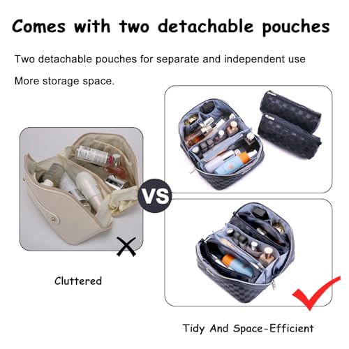 BOYATU Travel Makeup Bag Organizer: 3 Pcs Set Large Capacity Cosmetic Bags Holds 10–20 100ml Full-Size Bottles - 180°Open-Flat Make up Case 3-sec touch-up - Toiletry Bag Gift women (03-A-Dark Blue) - color: 01-G-Dark Blue