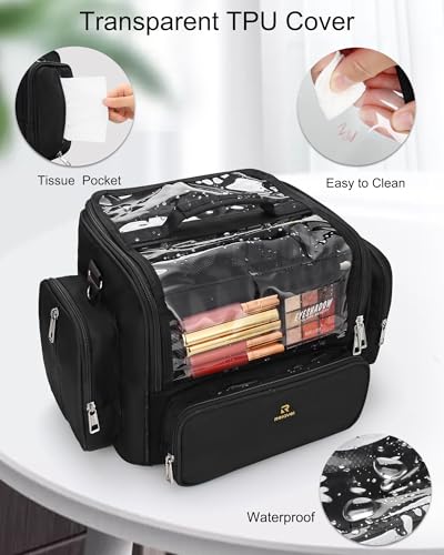 Makeup Brush Bag, Clear Makeup Brush Holder with Lid, Extra Large Capacity Travel Cosmetic Bag Makeup Artist Must Haves, Black Makeup Case, Make Up Organizers and Storage, with Adjustable Dividers - color: Black