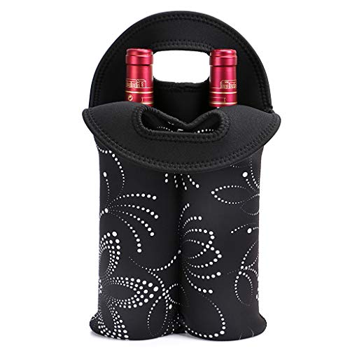 Hipiwe Wine Carrier Tote Bag Two Bottle Insulated Neoprene Wine/Water Bottle Holder for Travel with Secure Carry Handle (Black) - style: Black