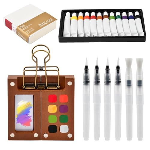 Mini Watercolor Travel Set (9-Piece), 8-Grid Walnut Palette with 12 Watercolor Paints, Mini Sketchbook, 6 Brush Pens and Metal Clip, Pocket Painting Kit for Outdoor Sketching and Travel