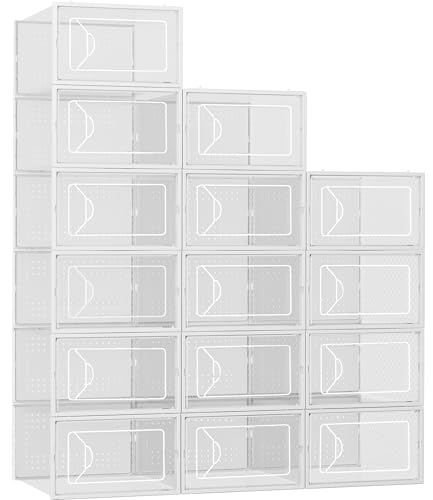 Foluck Shoe Storage Box, 15 Pack Clear Plastic Stackable Organizer for Closet, Interlocking Design Shoes Container Bins for Sneakers, Foldable Shoe Rack with Lids, White - color: White
