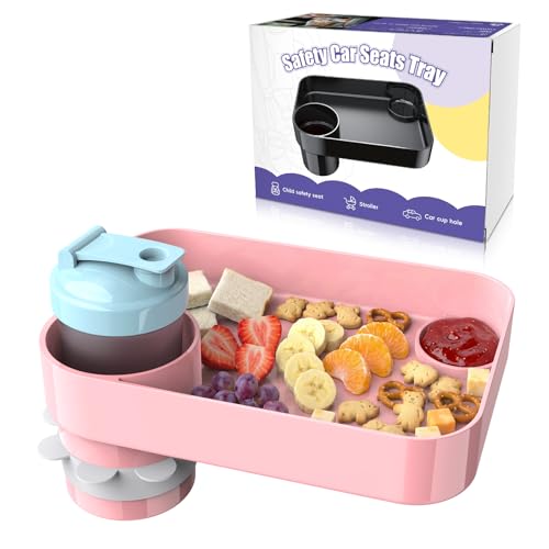 Car Seat Snack Tray for Kids, Mess-Free Square Travel Tray Cup Holder Snack Tray, Durable Car Food Tray for Toddlers, Universal Fit Kids Travel Road Trip Essentials (1, Pink) - color: pink