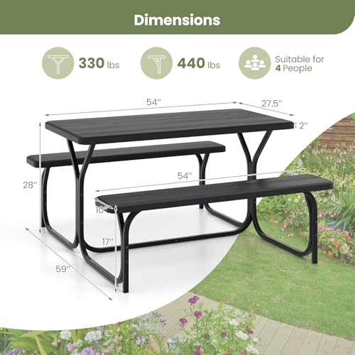 S AFSTAR Picnic Table, 59” Plastic Picnic Table with Benches, Steel Frame & Wood-Like Texture Tabletop, Expanded Rectangular Camping Table Chair Set for Garden Patio Lawn Deck (Black) - color: Black