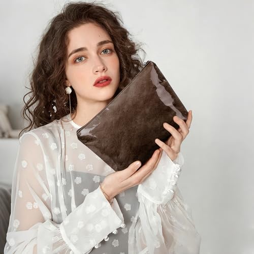 WLLWOO PVC Waterproof Makeup Bag Kraft Paper Cosmetic Bag Travel Toiletry Zipper Pouch Organizer for Women Purse - color: PVC-Coffee