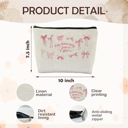 Coquette Pink Bow Makeup Bag, Preppy Bow Gifts Supplies Cosmetic Bags for Women, Girly Pink Makeup Pounch, Trendy Preppy Coquette I'm Literally Just a Girl Zipper Pouches for Purse - color: Preppy Bow