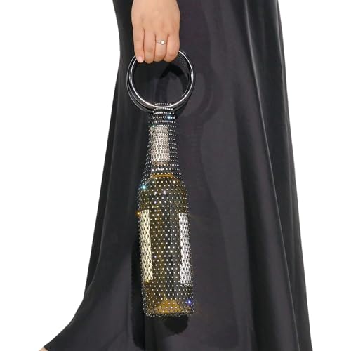 Munyee Hua Rhinestone Wine Bottle Holder Bag Reusable Tote Carrier Crystal Mesh Evening Purse with Ring Handle Gift Bags Carrier for Birthday Picnic Party Wedding (Black Handle Black Mesh) - color: Black Handle Black Mesh