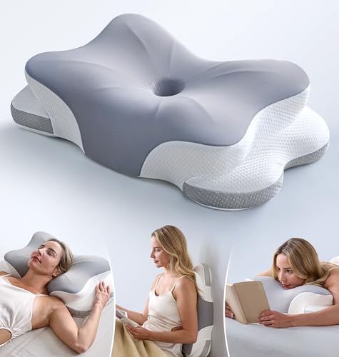 Ultra Pain Relief Cervical Neck Pillow for Sleeping, 5X Support Ergonomic Contour Pillow for Deep Sleep, Cooling Memory Foam Pillows for Adults, Orthopedic Bed Pillow for Side Back, Stomach Sleepers - color: Grey