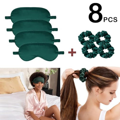 Satin Eye Mask 8Pcs Silk Sleep Masks Silky Blindfold Eyeshade Blackout Eyes Cover Scrunchies Hair Ties Travel Wedding Gifts - color: Evergreen