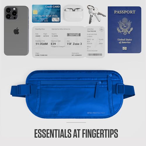 VENTURE 4TH Money Belt for Travel – Slim Hidden Under-Clothes RFID Blocking Anti-Theft Passport Holder & Travel Wallet Pouch for Men & Women to Protect Cash, Cards & Documents (Sleek Blue) - color: Sleek Blue