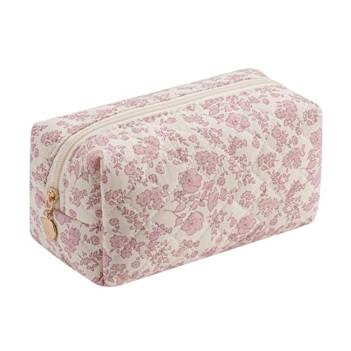 Gleyemor Small Quilted Makeup Bag for Women, Cute Floral Bow Cosmetic Bag, Emergency Bag Travel Toiletry Cotton Pouch Gifts for Girls Her Mom Friend Sister Bridesmaid (Pink Flower) - color: Pink Flower
