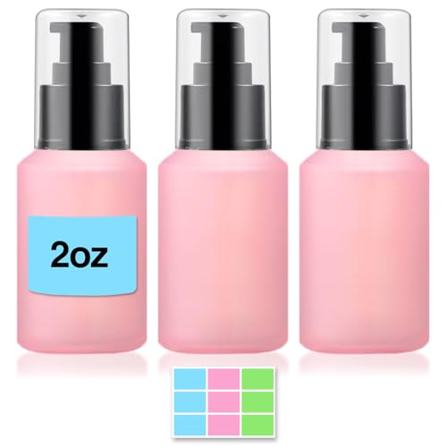 3PCS 60ML/2OZ Empty Pink Frosted Glass Bottles with Pump Refillable Vial Cosmetic Dispenser Jars Storage Travel Lotion Container Portable Sample Bottle for Toiletries,Foundation,Cream,Gel,Lotion - color: Pink, size: 2 OZ