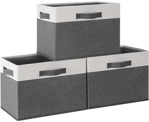 GhvyenntteS Large Fabric Storage Bins with 3 Handles, 15x11x9.6 Inch Storage Baskets for Shelves, Foldable Closet Storage Bins for Shelves, Closet Organizers and Storage Boxes 3 Pack - color: Grey & White, size: Large-3 Pack