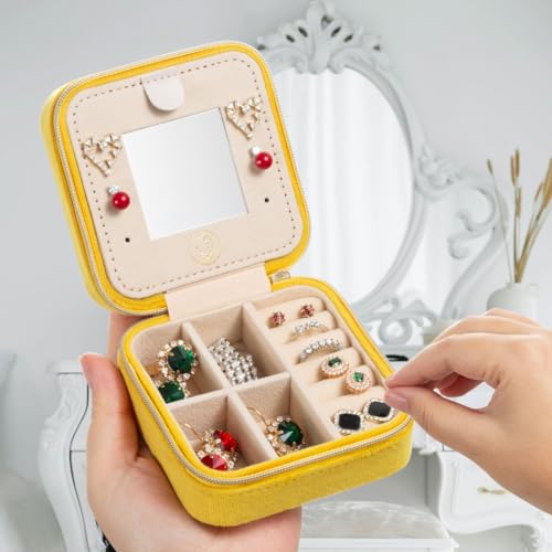 ZPROW Plush Velvet Travel Jewelry Case, Organizer, Box, Small Case for Women, Earring Organizer with Mirror, Best Gifts For Daughter, Girlfriend, Mom | Gifts For Her - Yellow - color: Velvet 1 Pack - Yellow