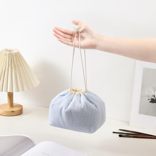 Cotton Quilted Seersucker Makeup Bag with Canvas Lining,Coquette Aesthetic Cute Travel Toiletry Bag,Drawstring Gift Bag for Women and Girls（Seersucker） - color: Seersucker